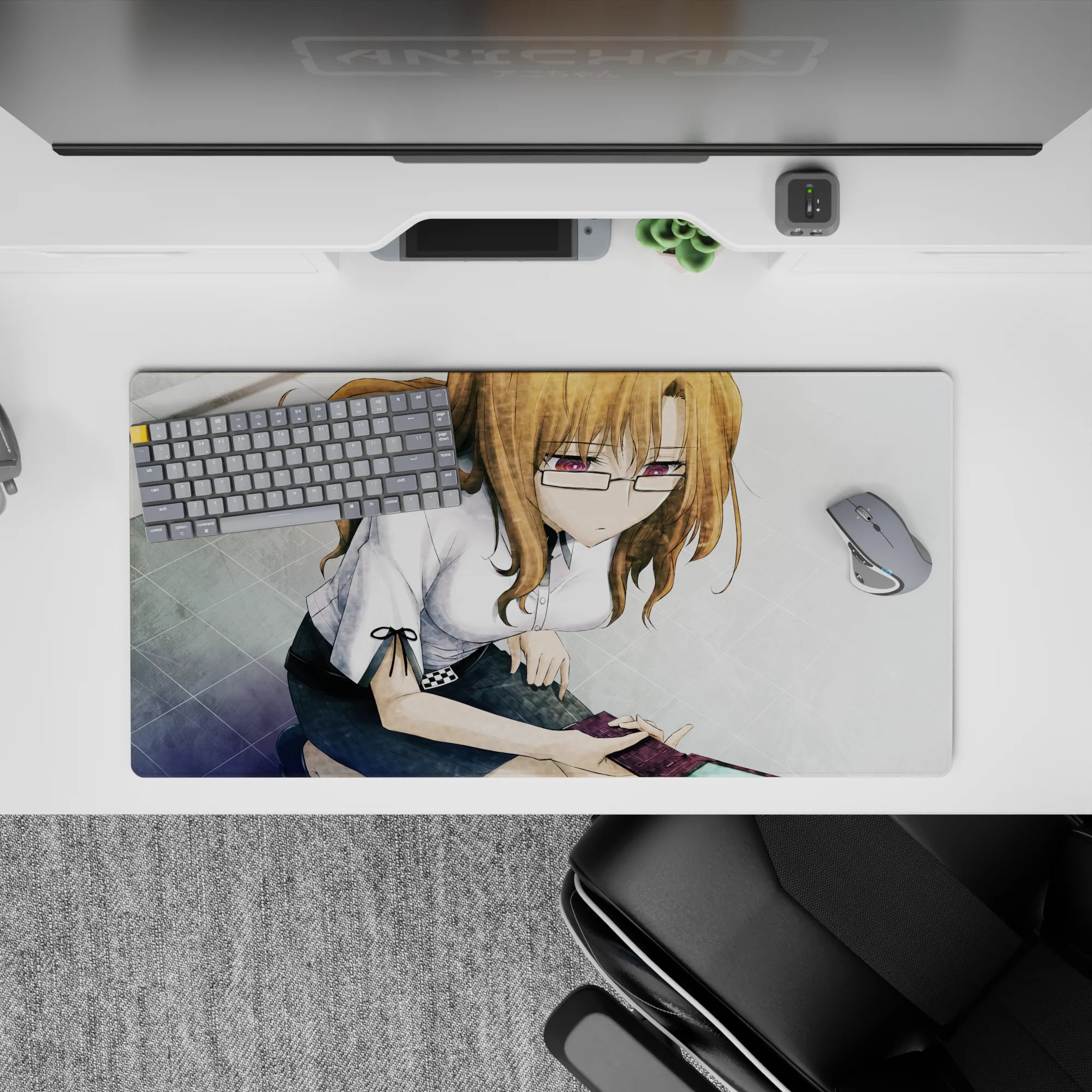 Cozy grayscale tile anime mouse pad 32x16 inches with warm chestnut tones and a soft violet glasses glow.