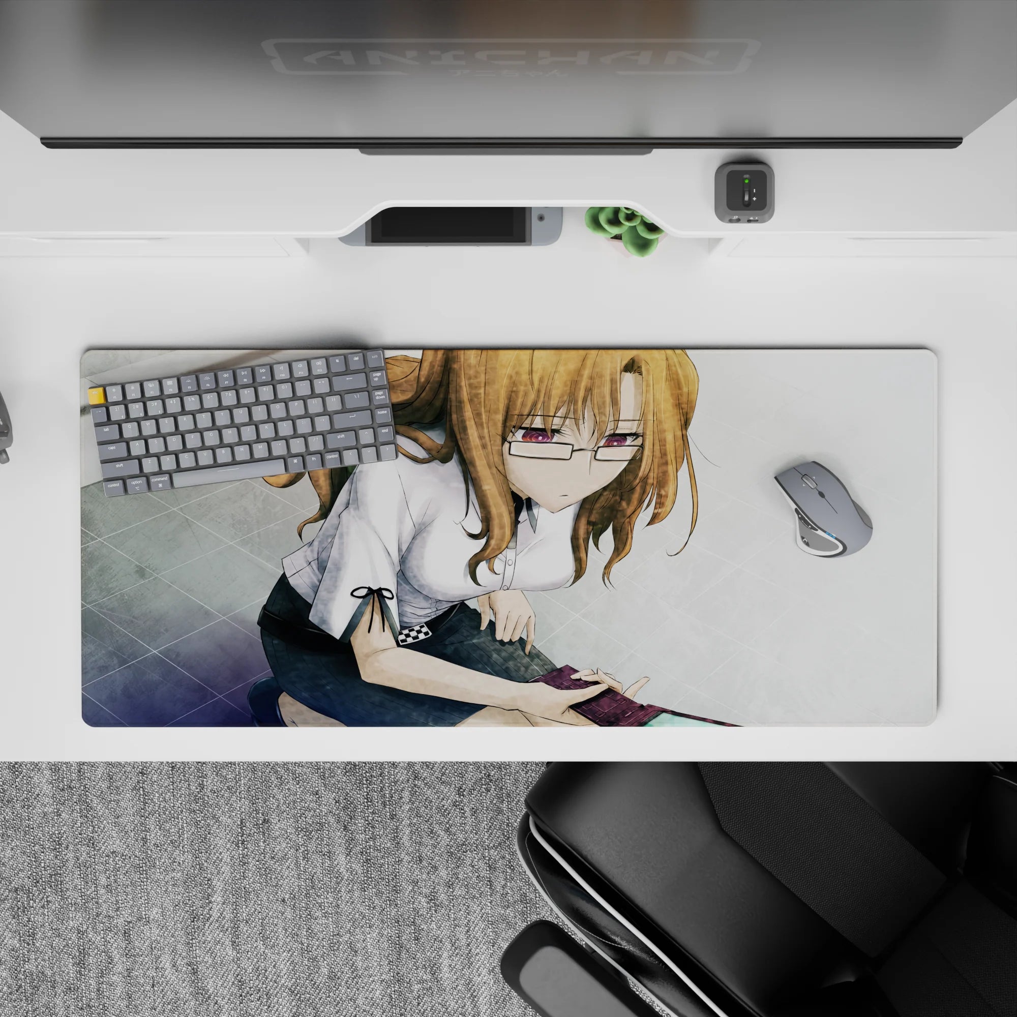 Cozy grayscale tile anime desk pad 36x16 inches with warm tones and a soft violet shine on glasses.