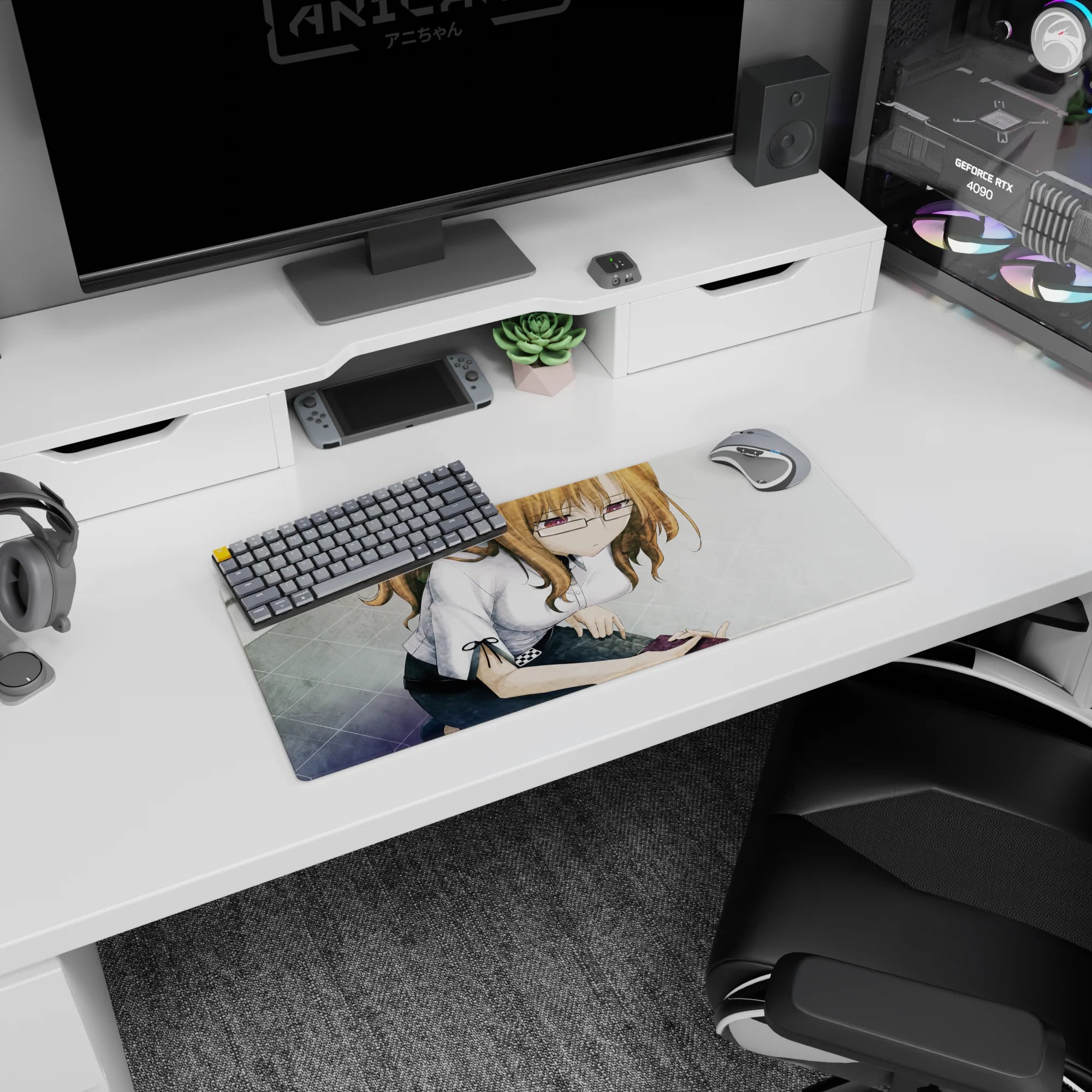 Chestnut-haired anime girl leaning by a phone, glasses with violet shine mouse pad 28x12 inches.