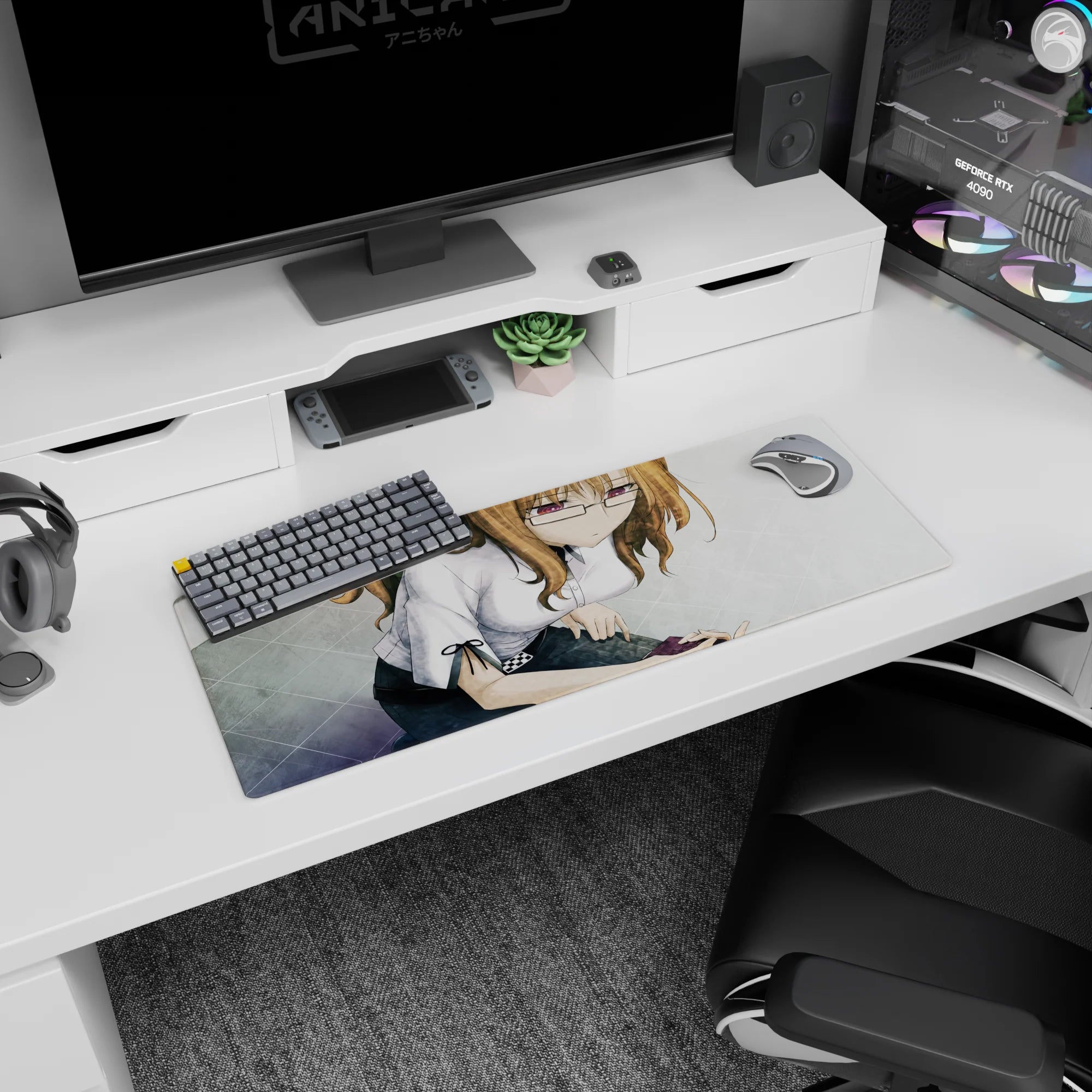 32x12 inches anime girl mouse pad showing a shy girl leaning close, sleeve ties, neat buttons, hand by phone.