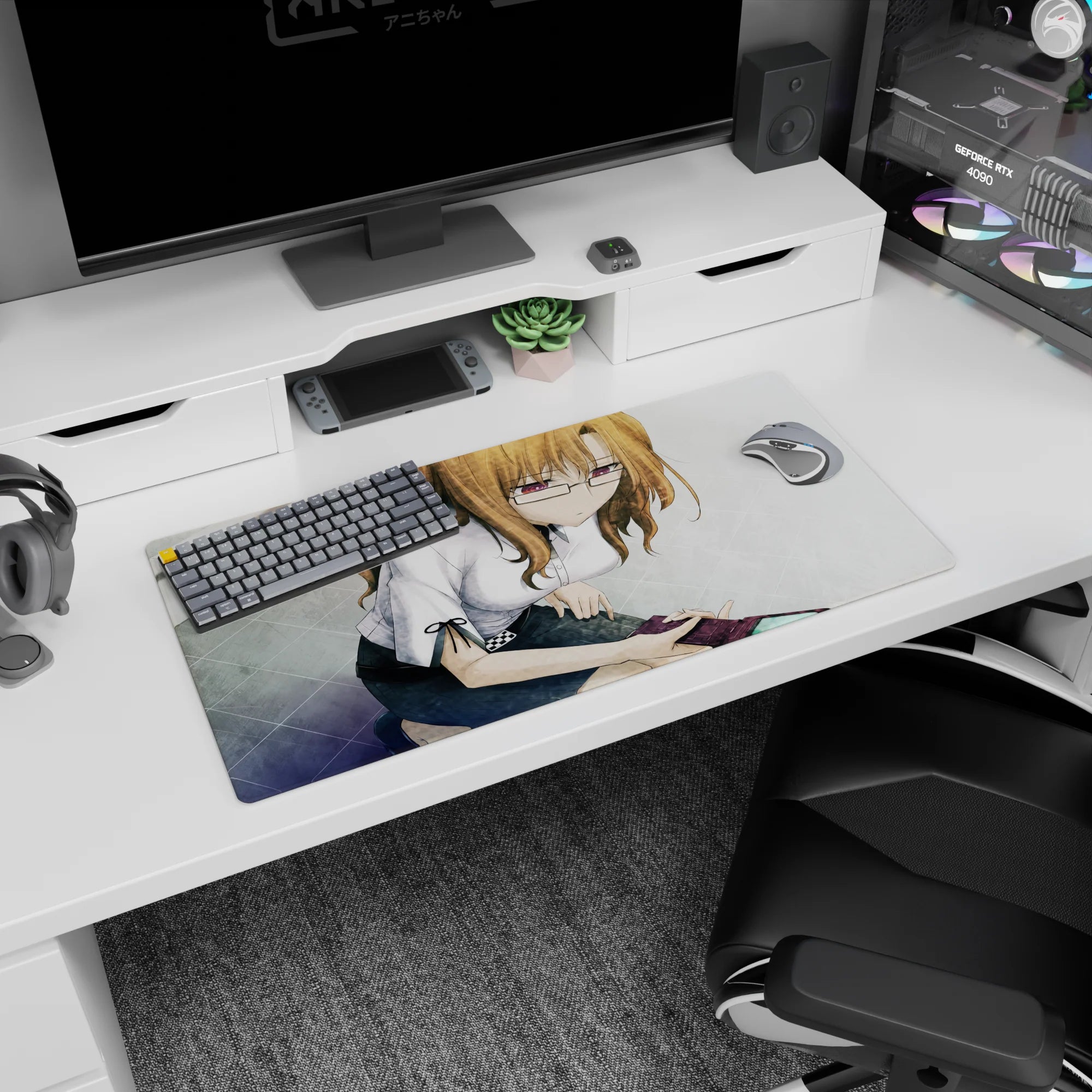 Shy-but-bold anime girl leaning by a phone on a 32x16 inches mouse pad, white blouse with sleeve ties.