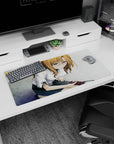 Shy-but-bold anime girl leaning by a phone on a 32x16 inches mouse pad, white blouse with sleeve ties.