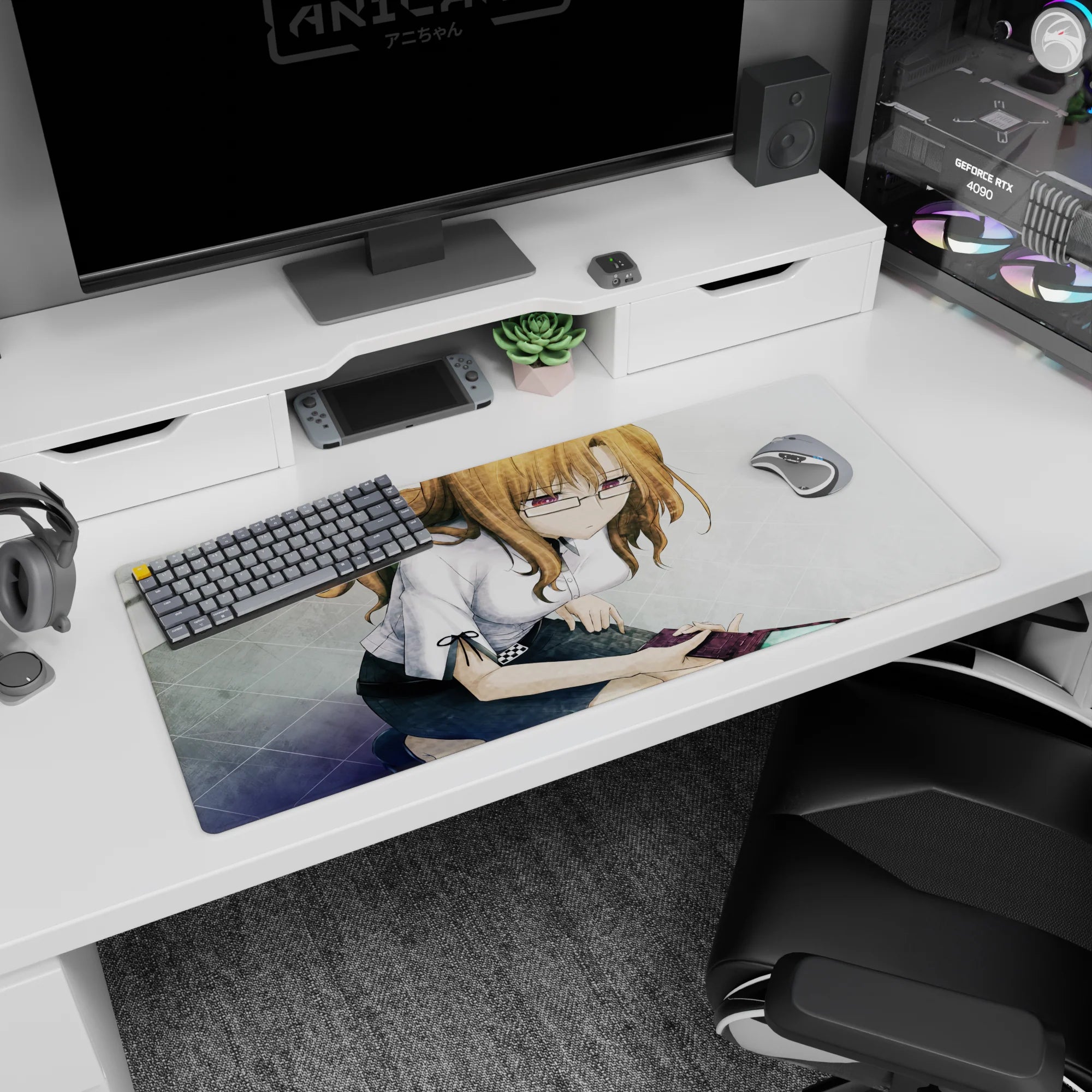 Anime girl leaning by a phone on desk pad 36x16 inches, crisp blouse with sleeve ties, study room vibe.