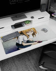 Anime girl leaning by a phone on desk pad 36x16 inches, crisp blouse with sleeve ties, study room vibe.