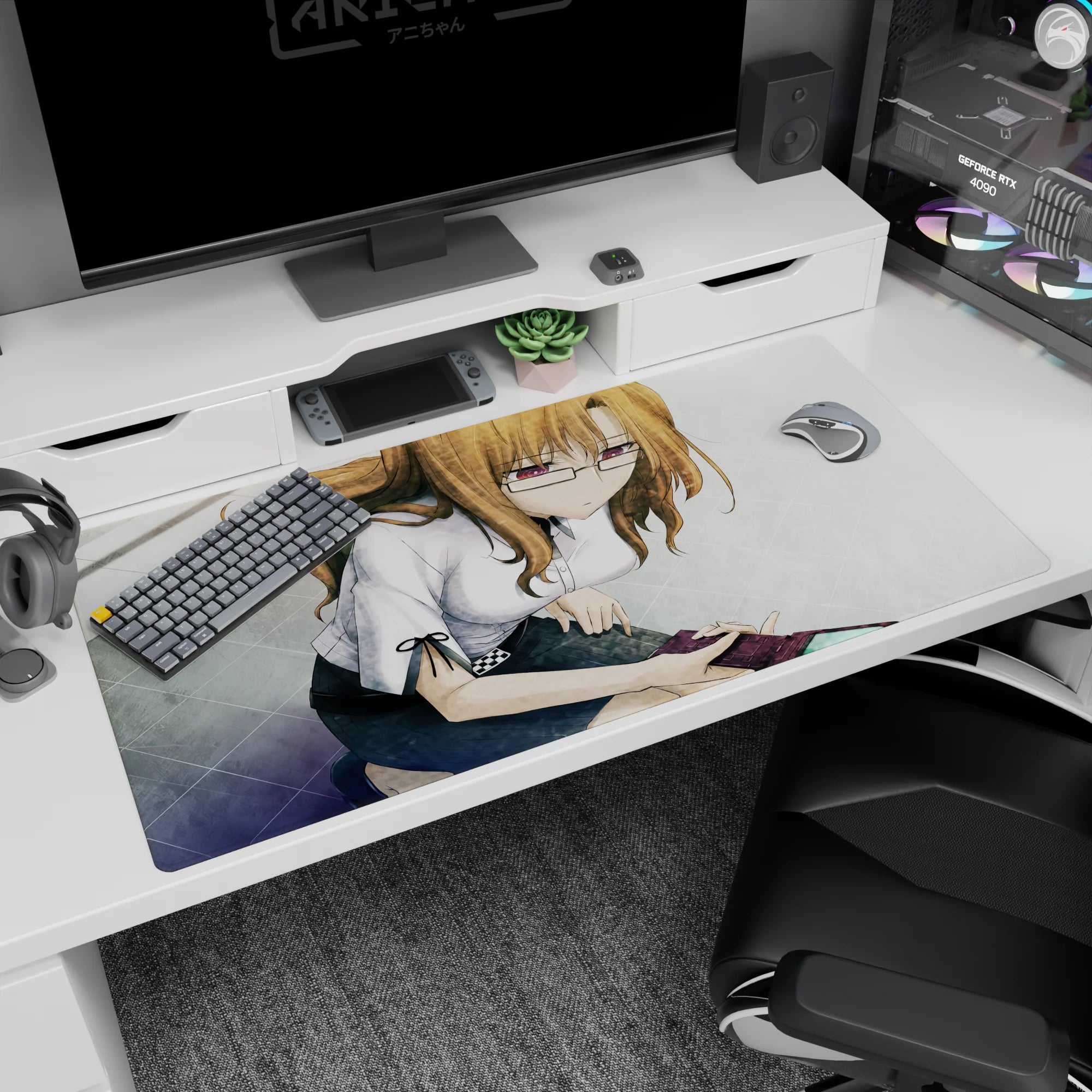 Shy anime girl leaning by a phone, glasses glinting, desk pad 40x20 inches for gaming or work.