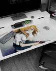 Shy anime girl leaning by a phone, glasses glinting, desk pad 40x20 inches for gaming or work.