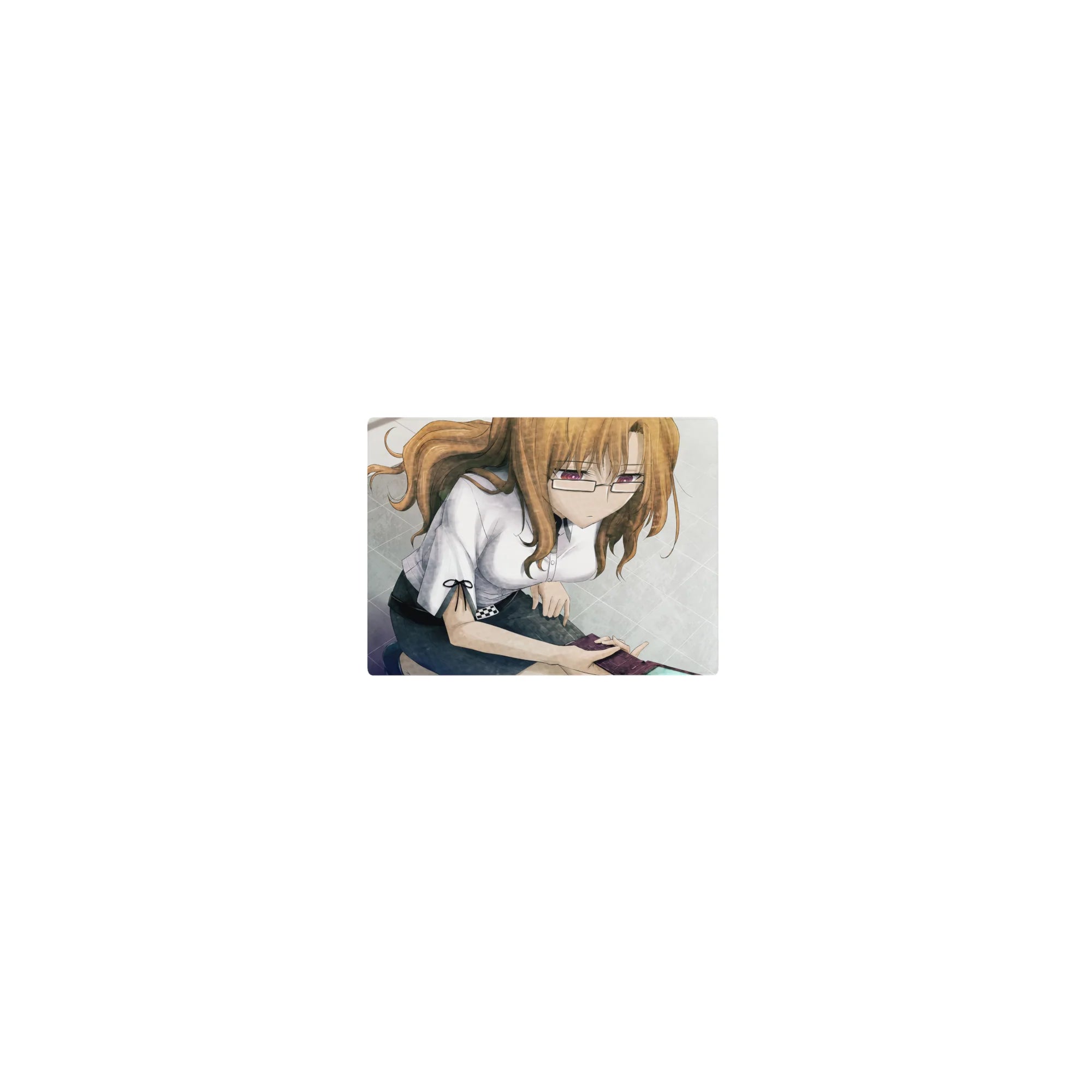 Classic anime girl mouse pad 14x10 inches with glasses, white blouse, dark skirt, and grayscale tile backdrop.