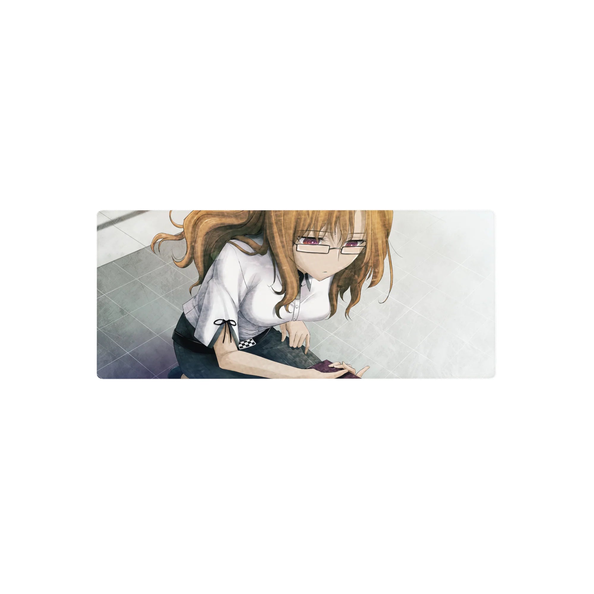 Anime girl mouse pad 28x12 inches with shy glasses girl in white blouse and dark skirt on grayscale tiles.