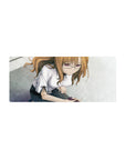 Anime girl mouse pad 28x12 inches with shy glasses girl in white blouse and dark skirt on grayscale tiles.