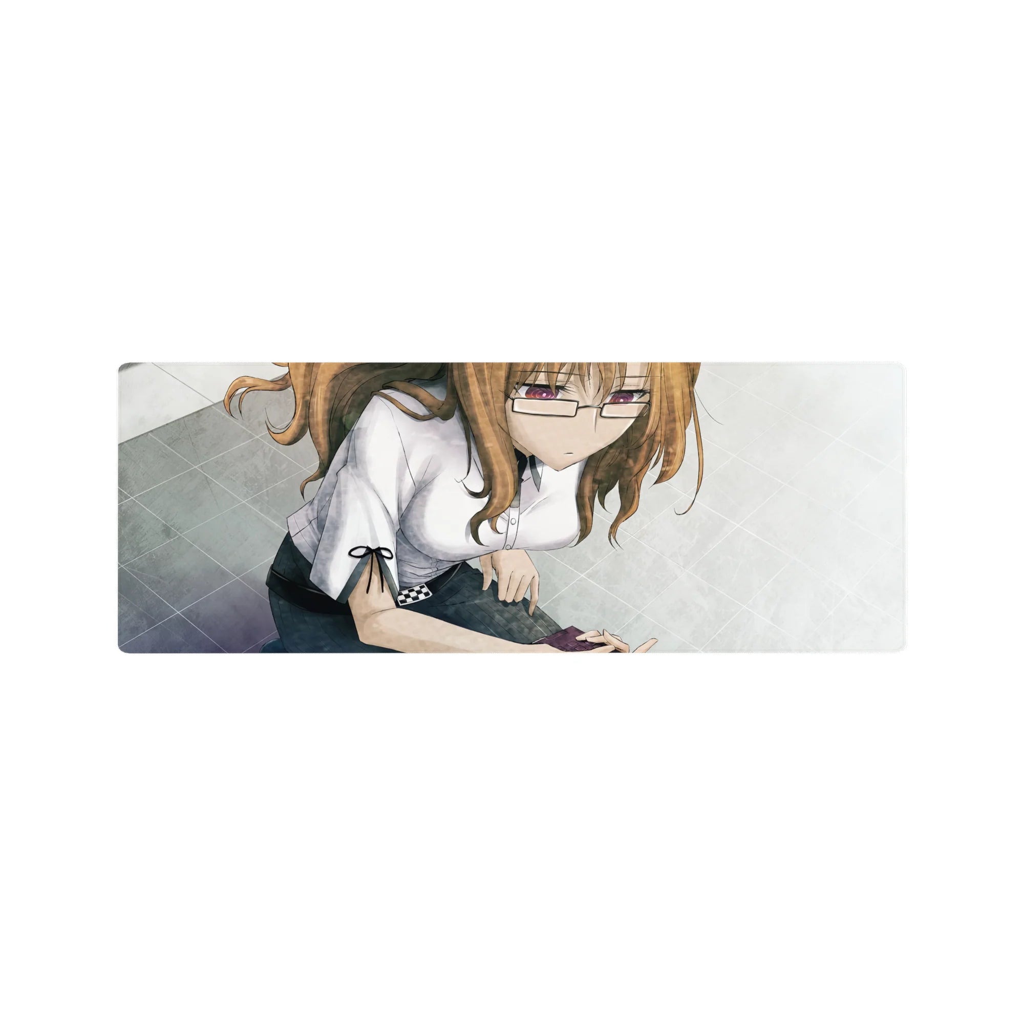 32x12 inches anime girl mouse pad with glasses, white blouse, dark skirt, and phone on grayscale tiles.