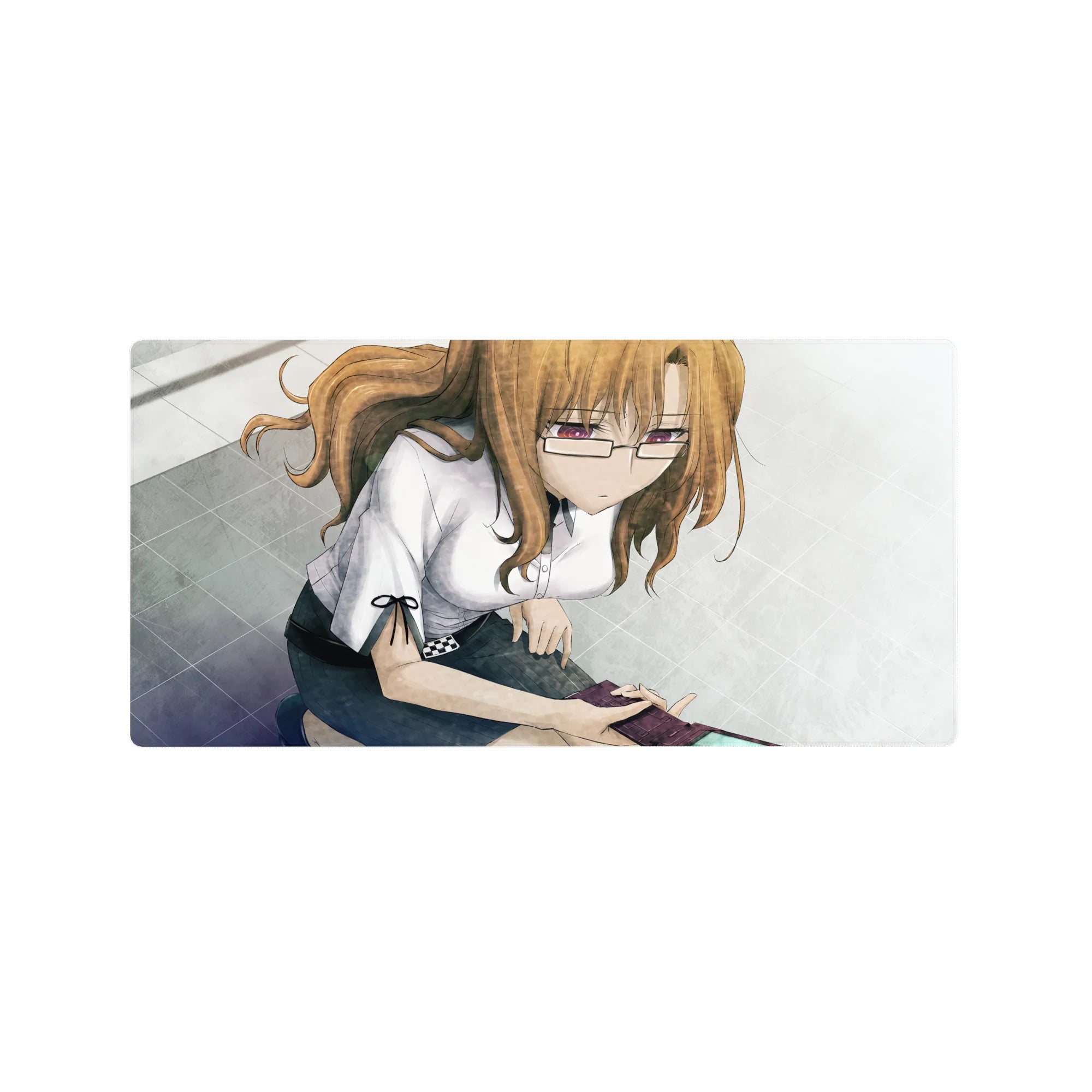 Anime girl mouse pad 32x16 inches with chestnut-haired student, glasses, white blouse, dark skirt, tiled backdrop.