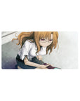 Anime girl mouse pad 32x16 inches with chestnut-haired student, glasses, white blouse, dark skirt, tiled backdrop.