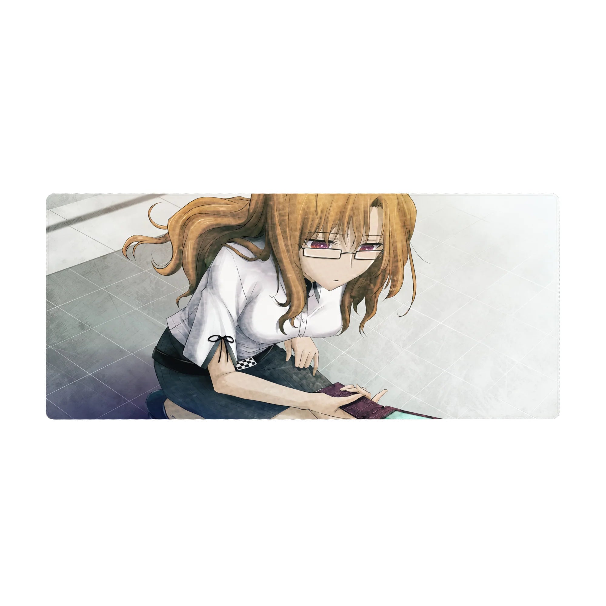 Anime girl desk pad 36x16 inches with shy chestnut-haired student, glasses, white blouse and dark skirt.