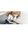 Anime girl desk pad 36x16 inches with shy chestnut-haired student, glasses, white blouse and dark skirt.