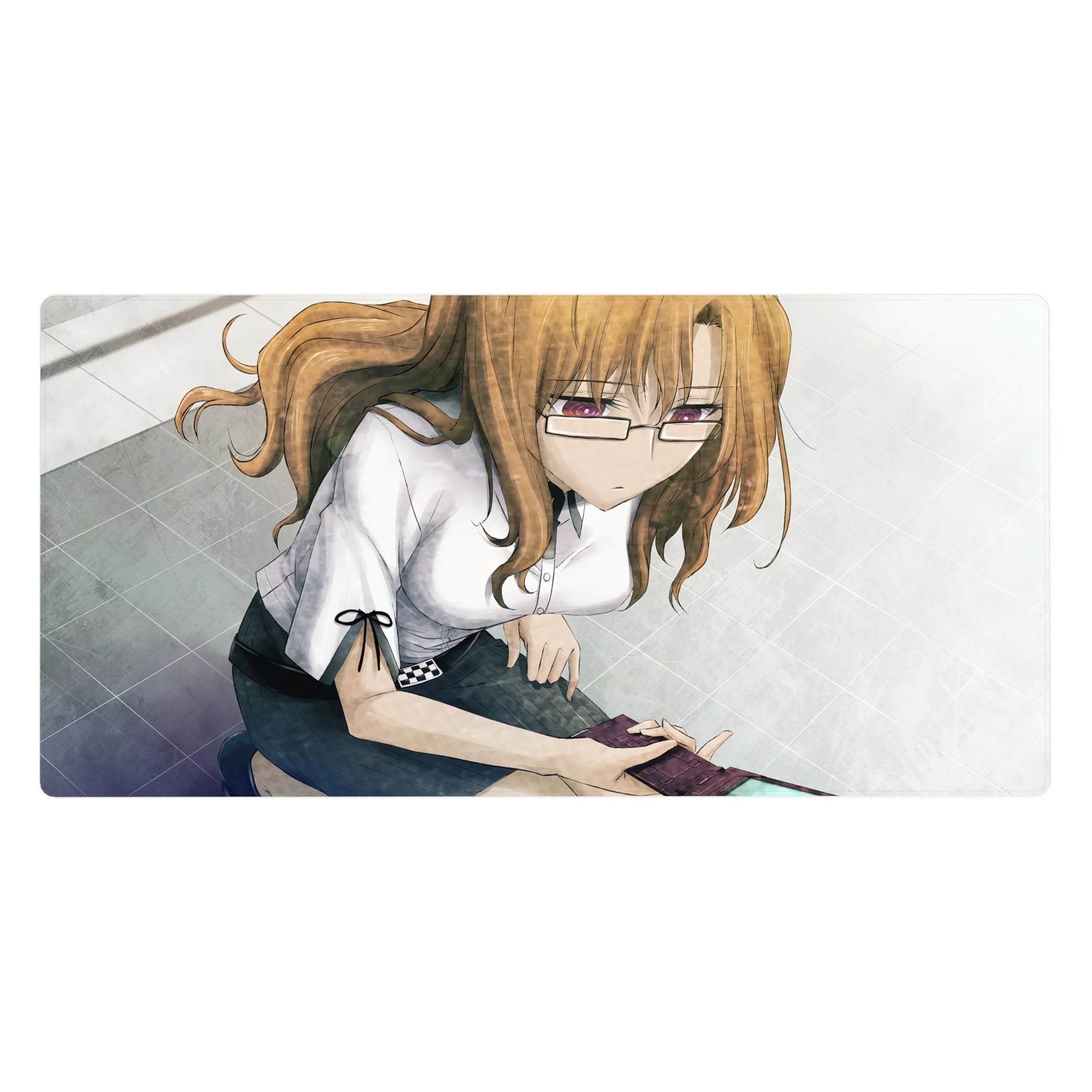 Anime girl desk pad 40x20 inches with glasses, white blouse, dark skirt, grayscale tile backdrop.