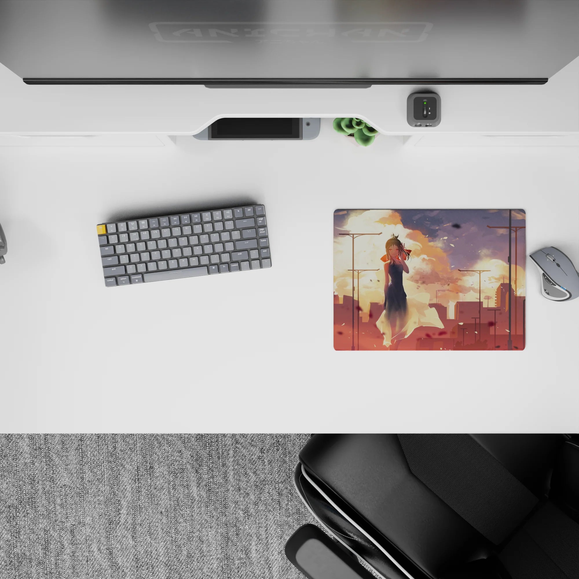 Peach and gold sunset anime girl mouse pad 14x10 inches, warm cinematic glow and moody calm.