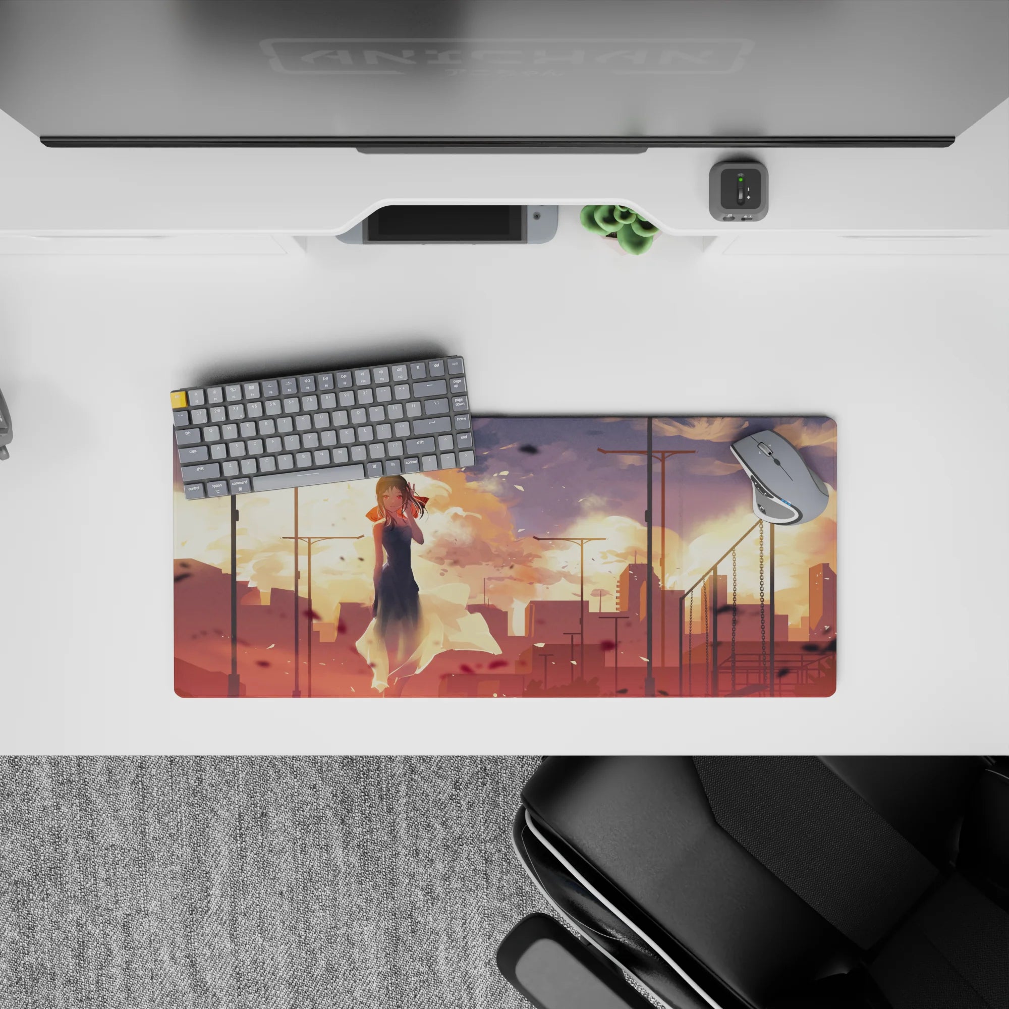Moody peach-and-gold sunset anime mouse pad 28x12 inches with warm glow and dreamy atmosphere.