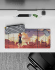 Moody peach-and-gold sunset anime mouse pad 28x12 inches with warm glow and dreamy atmosphere.