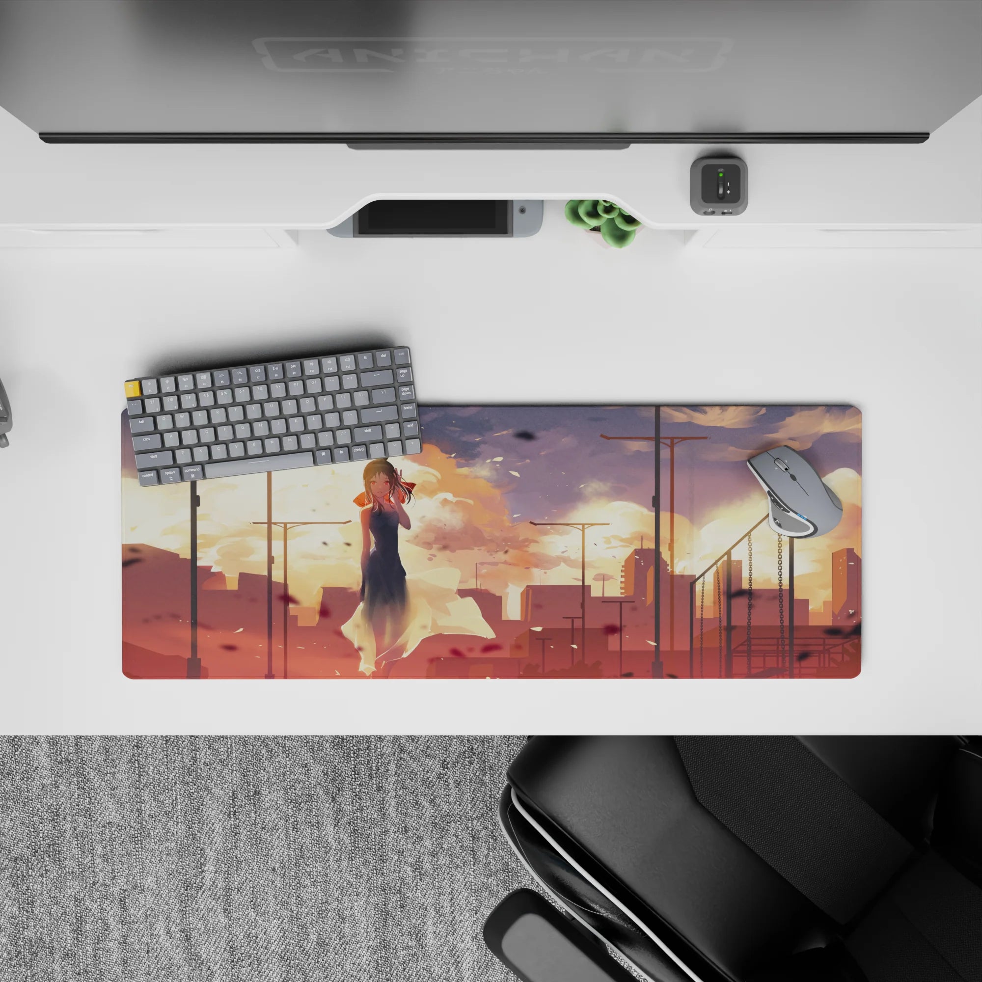 Peach-and-gold sunset anime girl mouse pad 32x12 inches with warm glow, dreamy haze, and moody vibe.