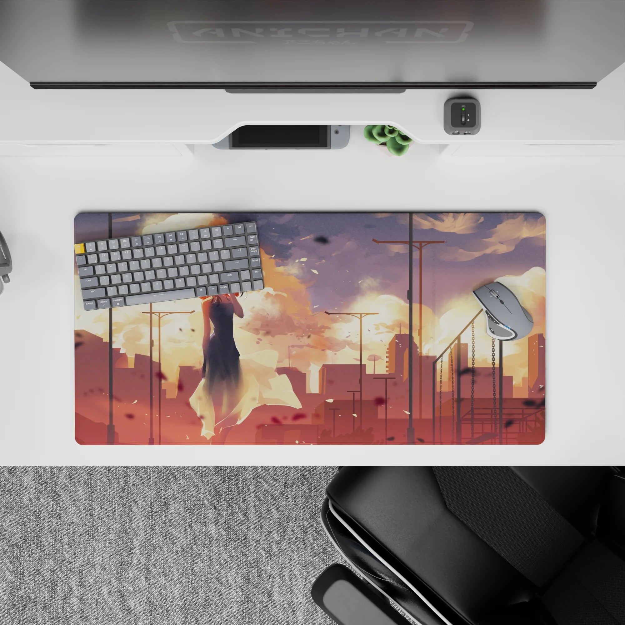 32x16 inches anime girl mouse pad in warm peach and gold, dreamy haze, calm cinematic mood.