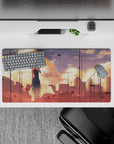 32x16 inches anime girl mouse pad in warm peach and gold, dreamy haze, calm cinematic mood.