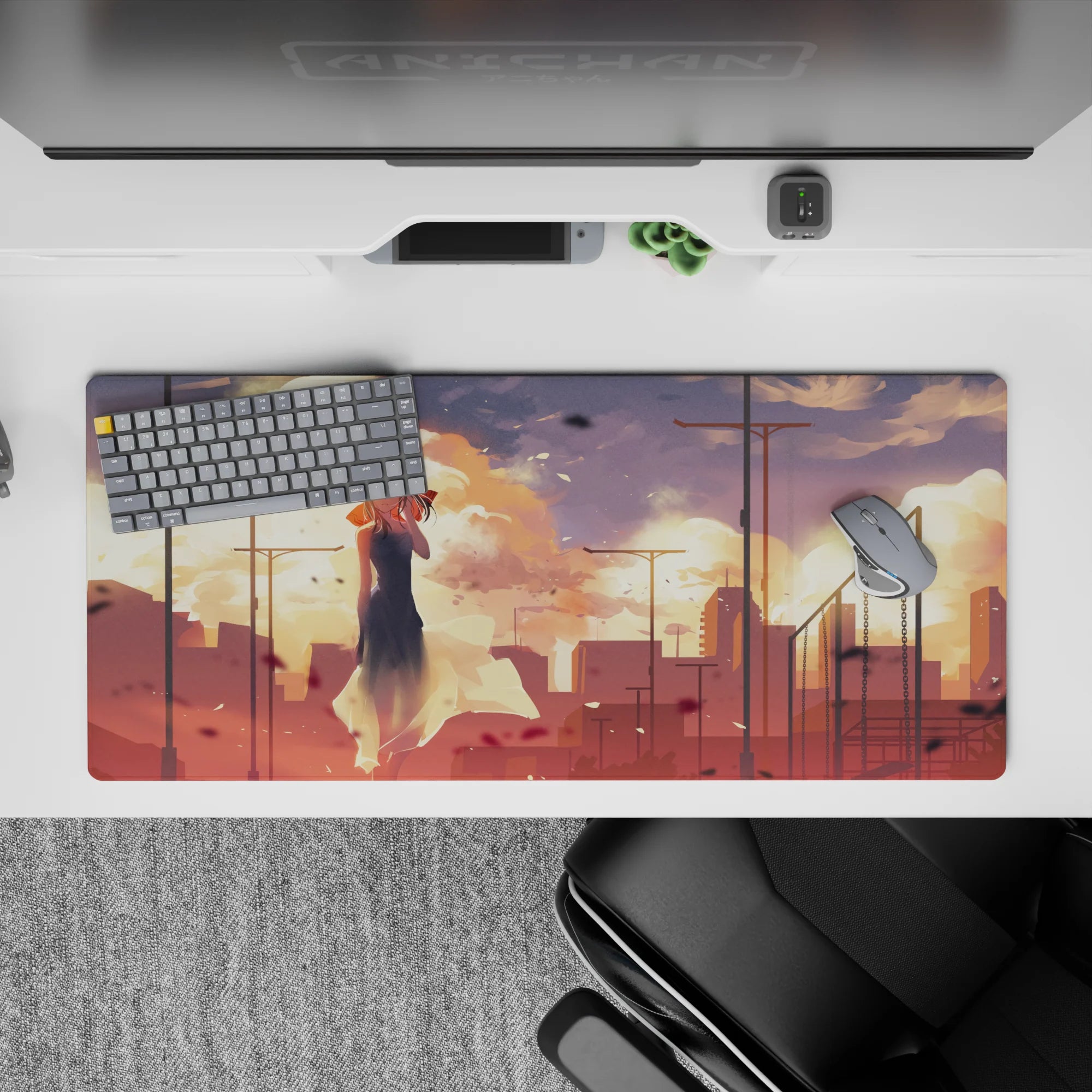 Peach and gold sunset anime desk pad 36x16 inches, warm dreamy light with soft moody vibes.