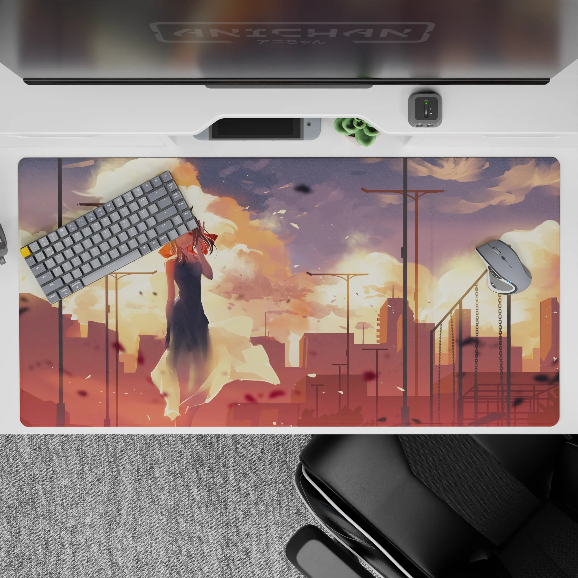 Peach and gold sunset anime desk pad 40x20 inches with warm light and dreamy haze.