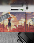 Peach and gold sunset anime desk pad 40x20 inches with warm light and dreamy haze.