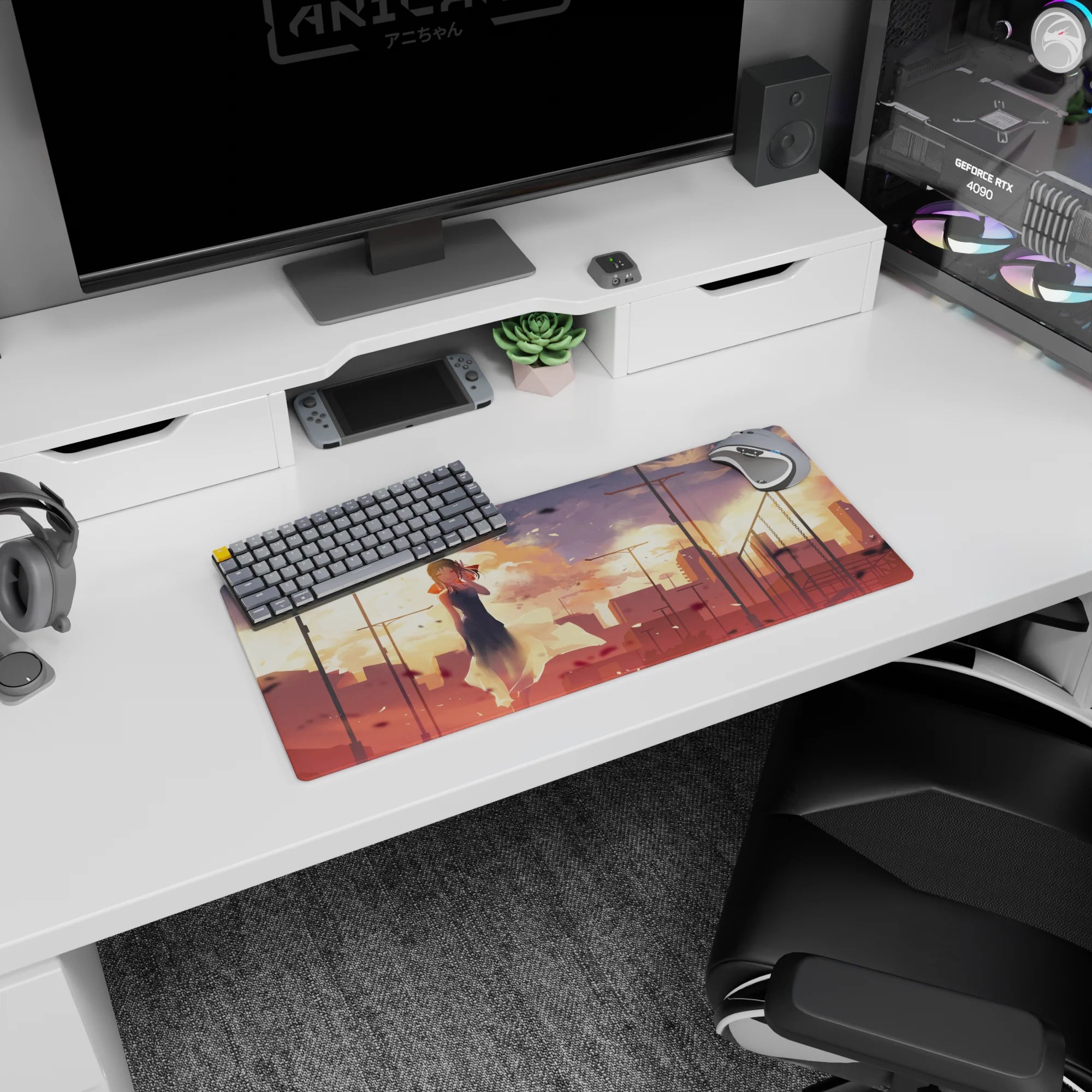 Shy anime girl in dark sleeveless dress by a fading skyline mouse pad 28x12 inches.