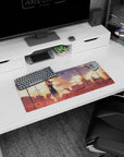 Shy anime girl in dark sleeveless dress by a fading skyline mouse pad 28x12 inches.