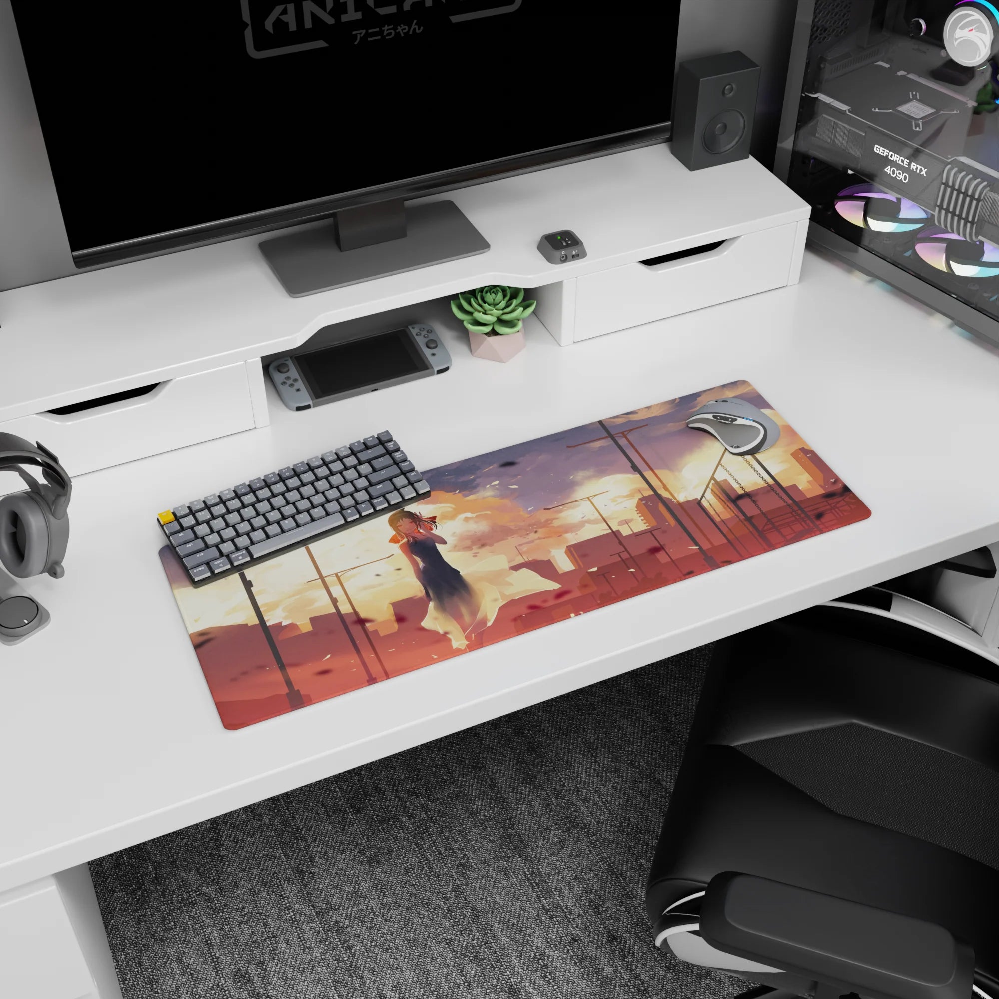 Anime girl in dark sleeveless dress, hair tied up, hand-to-cheek pose on 32x12 inches mouse pad.
