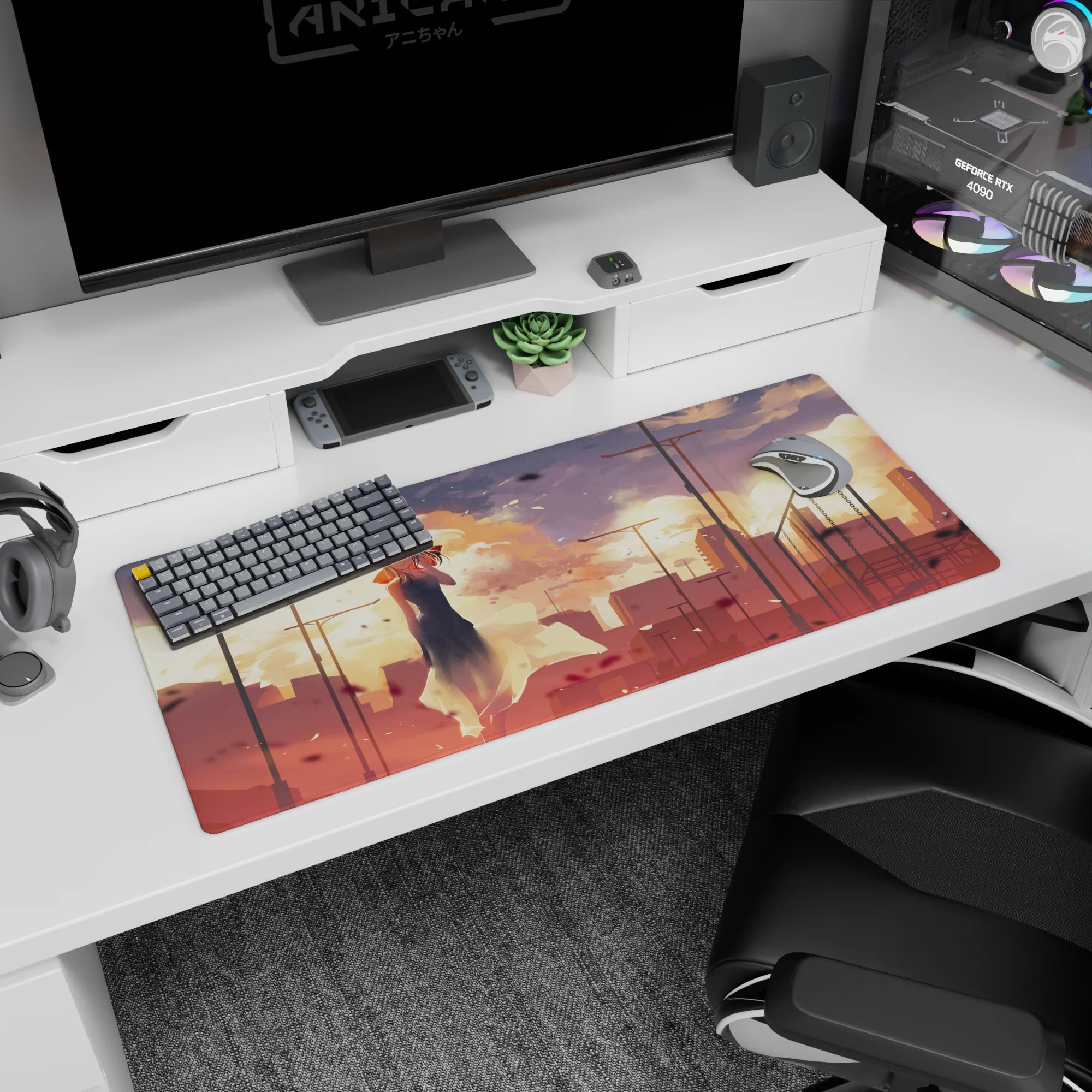 Shy anime girl in dark sleeveless dress, hair in a messy updo, city sunset desk pad 36x16 inches.