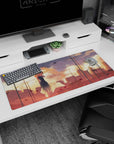 Shy anime girl in dark sleeveless dress, hair in a messy updo, city sunset desk pad 36x16 inches.