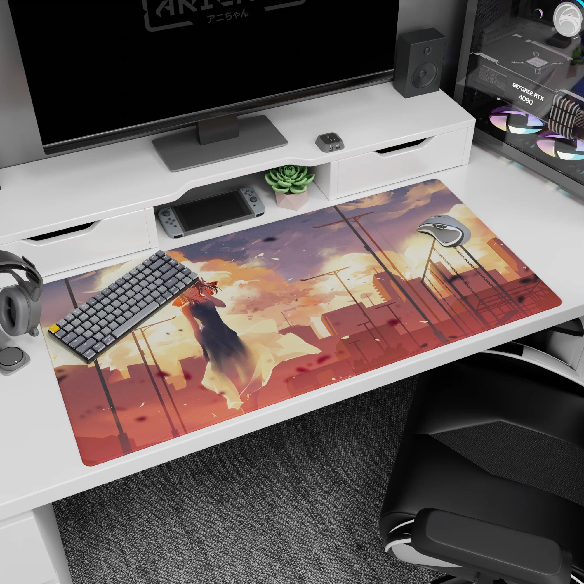 Anime girl in dark sleeveless dress, hair up, hand-to-cheek pose desk pad 40x20 inches.