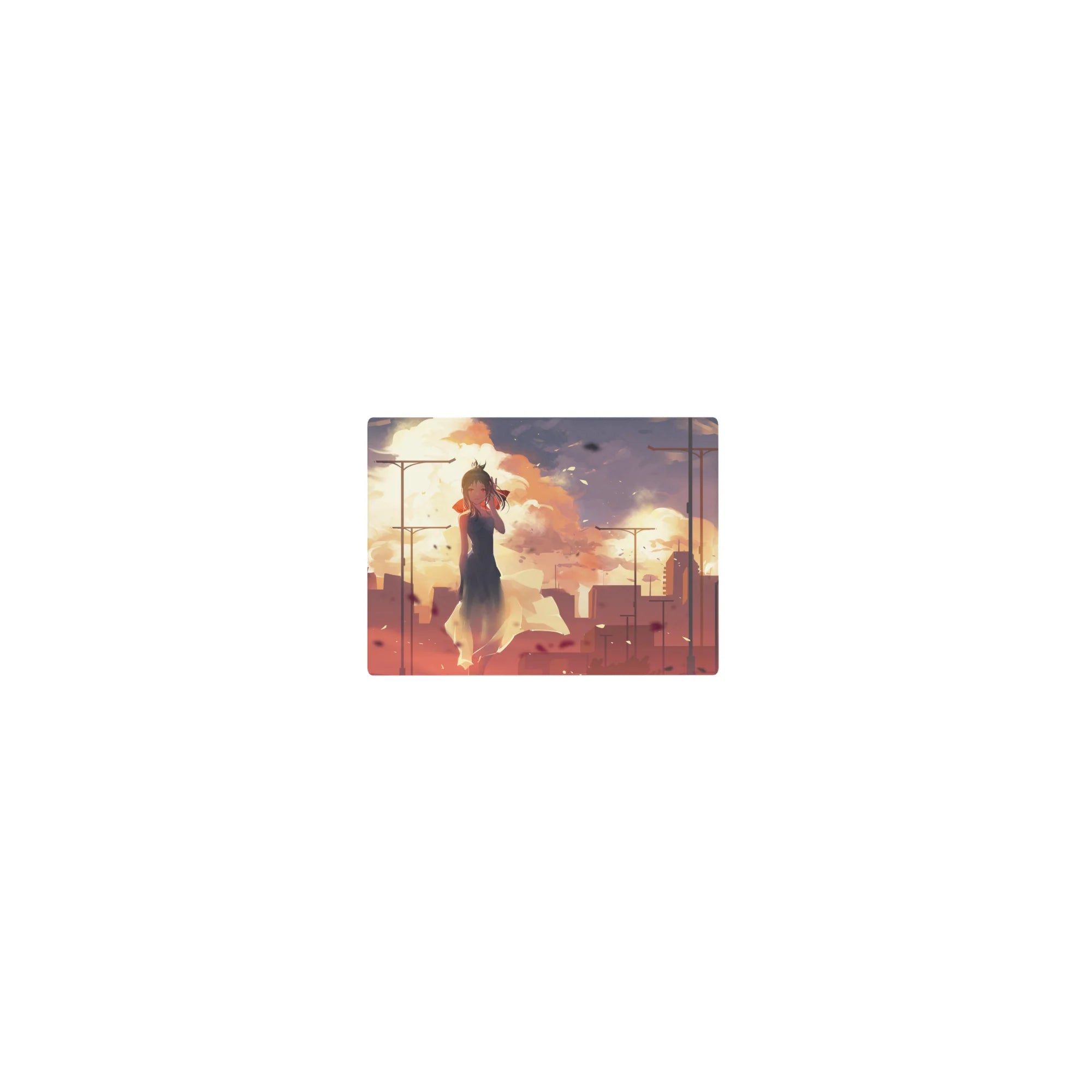 Classic anime girl mouse pad 14x10 inches with sunset skyline, petals, dark dress, and soft haze.