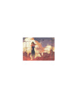 Classic anime girl mouse pad 14x10 inches with sunset skyline, petals, dark dress, and soft haze.