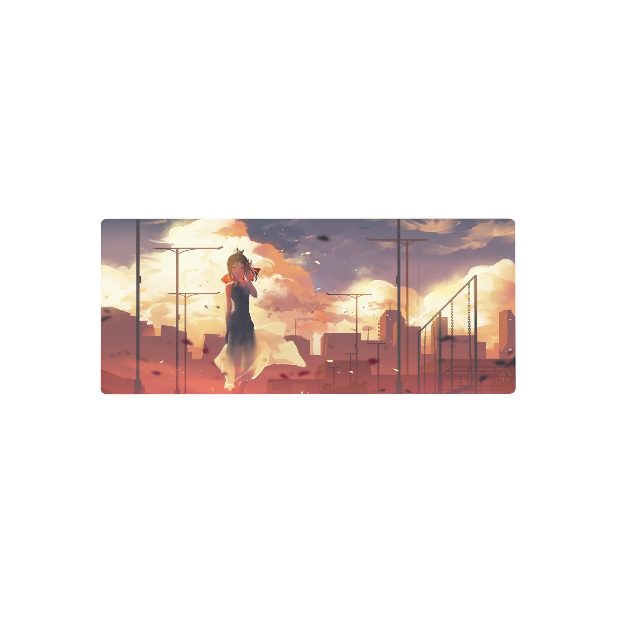Anime girl mouse pad 28x12 inches with sunset clouds, city skyline, petals, and cinematic haze.