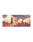 Anime girl mouse pad 28x12 inches with sunset clouds, city skyline, petals, and cinematic haze.