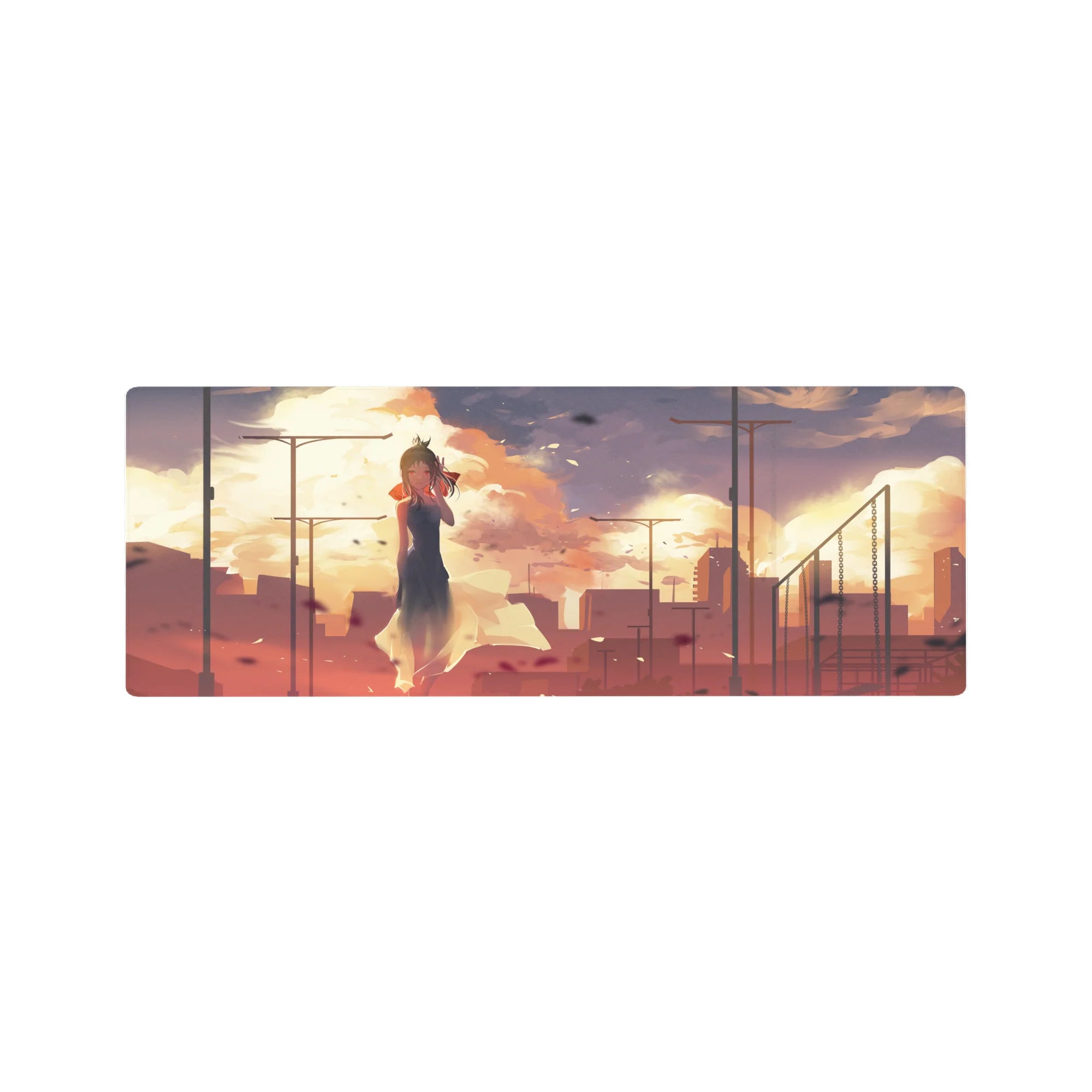 Anime girl mouse pad 32x12 inches with sunset clouds, city skyline backdrop, petals, and cinematic haze.
