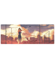 Anime girl mouse pad 32x12 inches with sunset clouds, city skyline backdrop, petals, and cinematic haze.