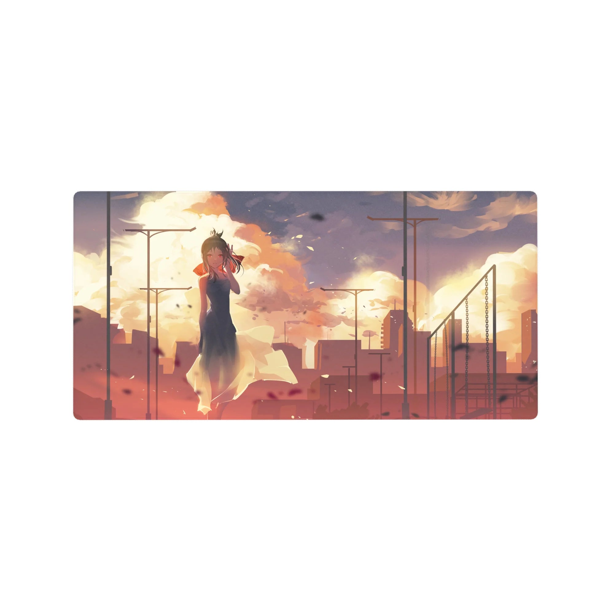 32x16 inches anime girl mouse pad with sunset clouds, petals, and a fading city skyline backdrop.