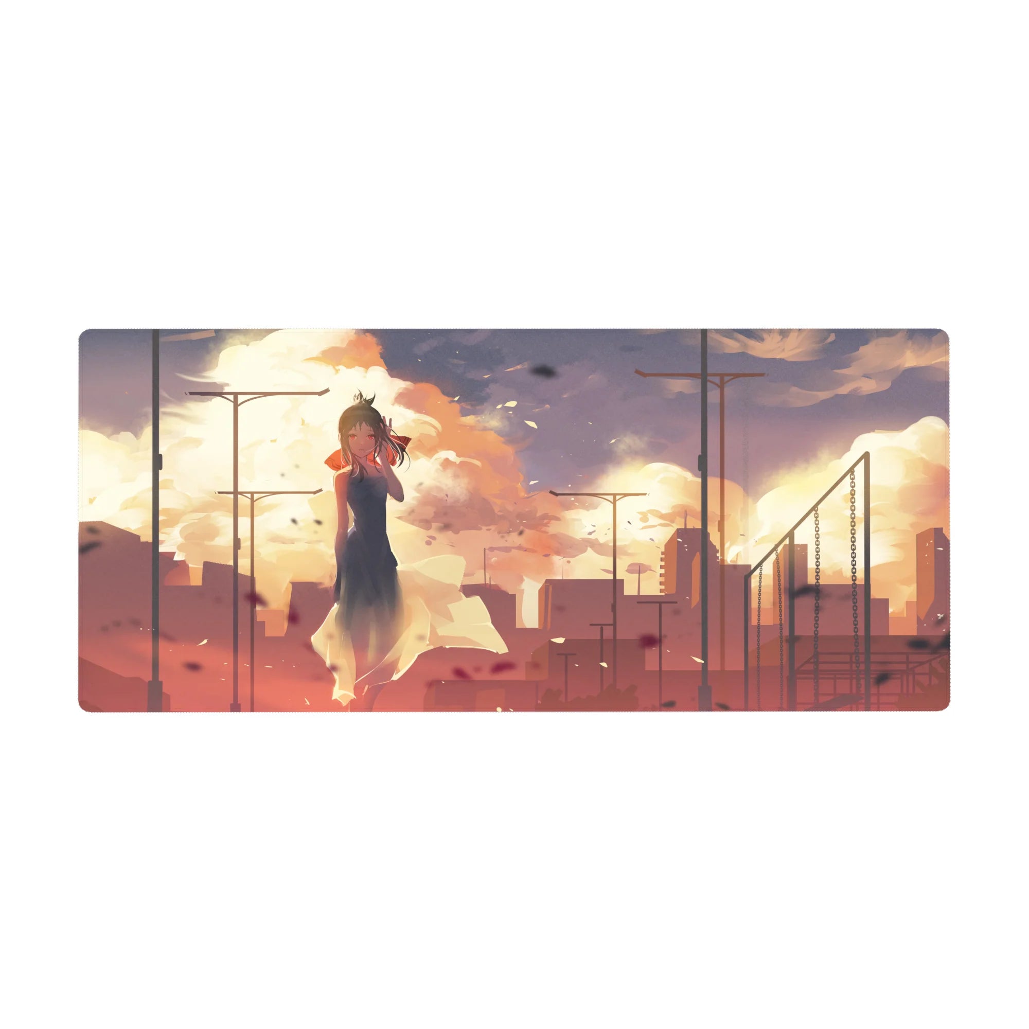 Anime girl desk pad 36x16 inches with sunset clouds, city skyline backdrop, petals and cinematic haze.