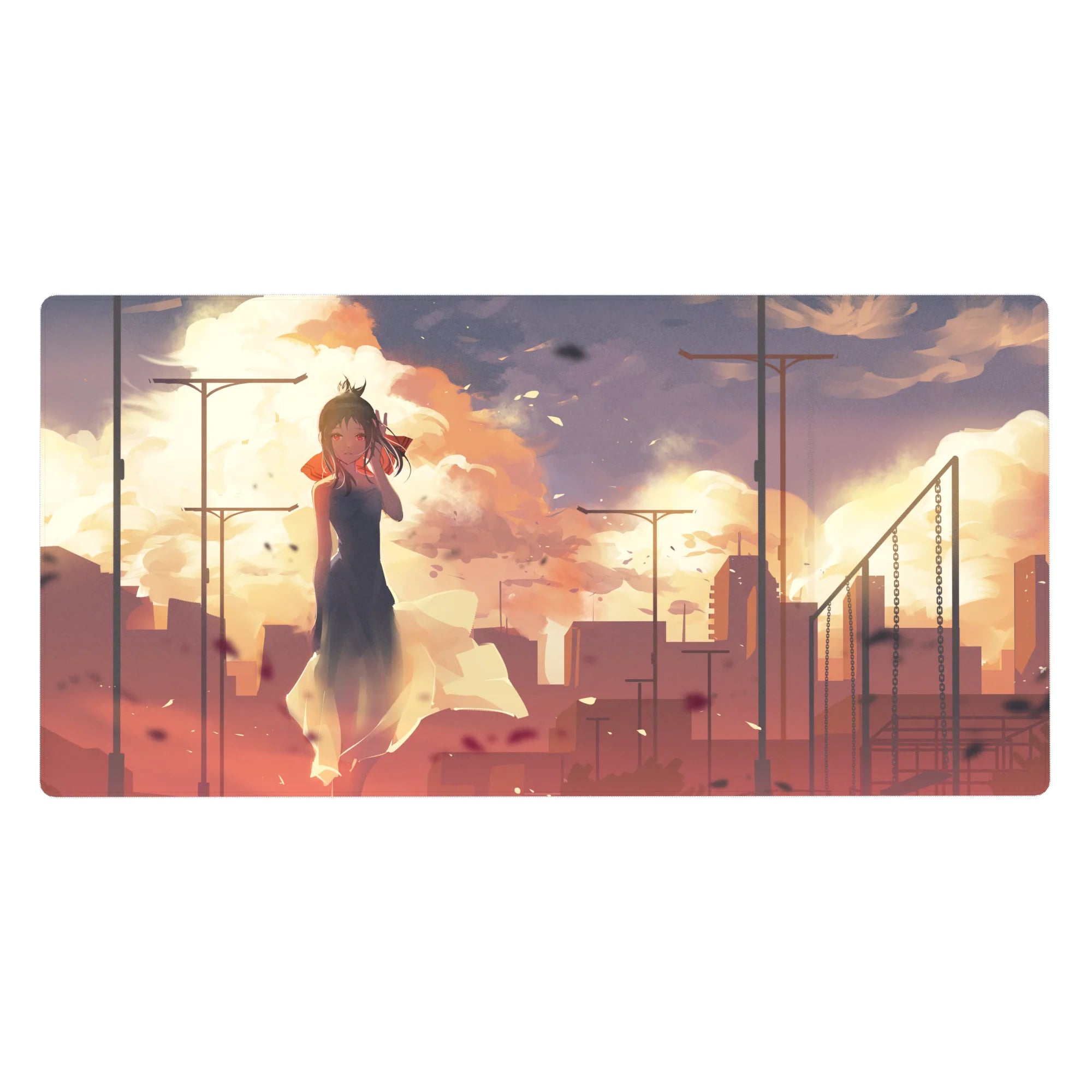 Anime girl desk pad 40x20 inches with sunset clouds, petals, and city skyline background.