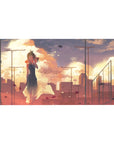 Anime girl desk pad 40x20 inches with sunset clouds, petals, and city skyline background.