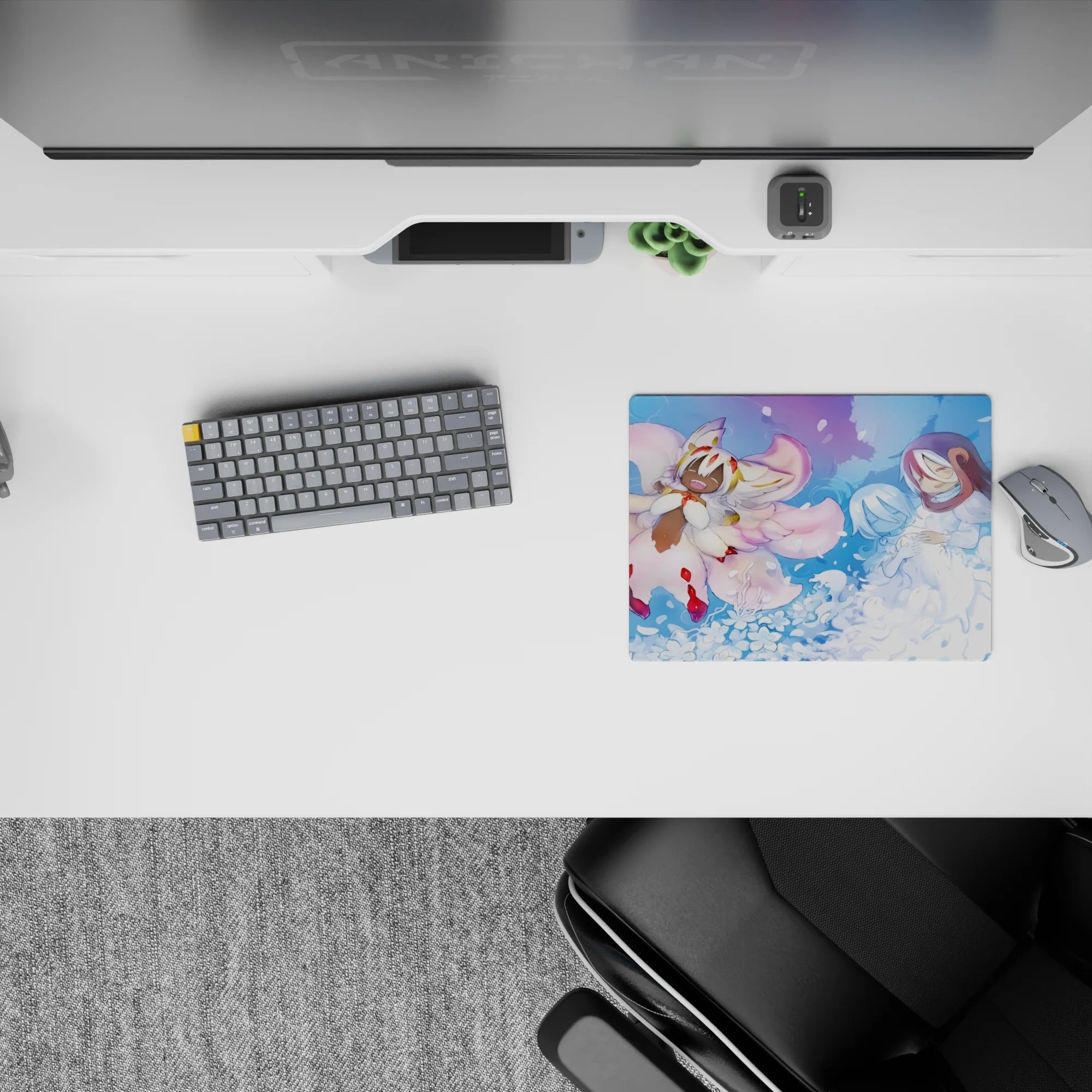 Dreamy blue anime mouse pad 14x10 inches, soft pastel bloom light and serene, storybook calm vibe.