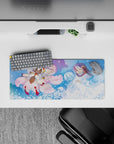 28x12 inches anime mouse pad in misty blues and blush pink, serene mood with swirling petals and soft waves.