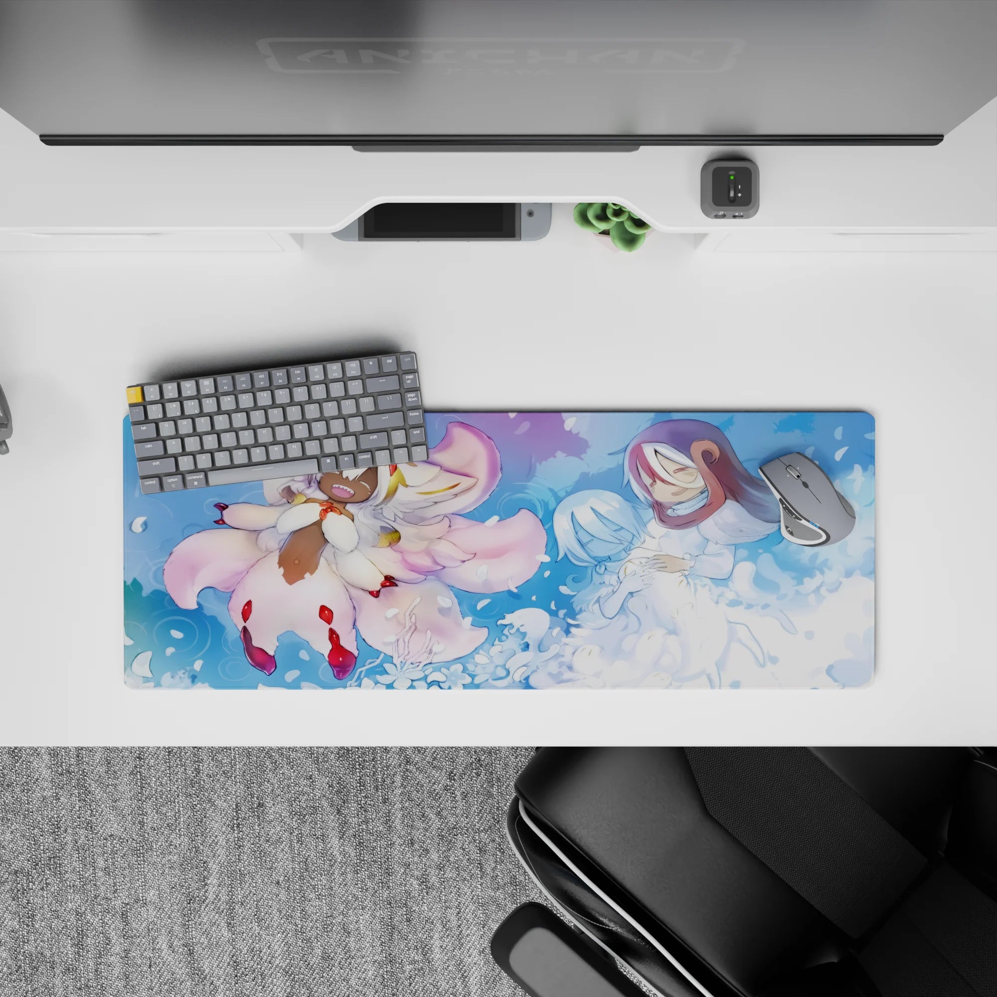 32x12 inches anime mouse pad in dreamy blues and blush pink, snowy petals, calm misty glow.