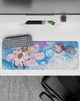 32x12 inches anime mouse pad in dreamy blues and blush pink, snowy petals, calm misty glow.