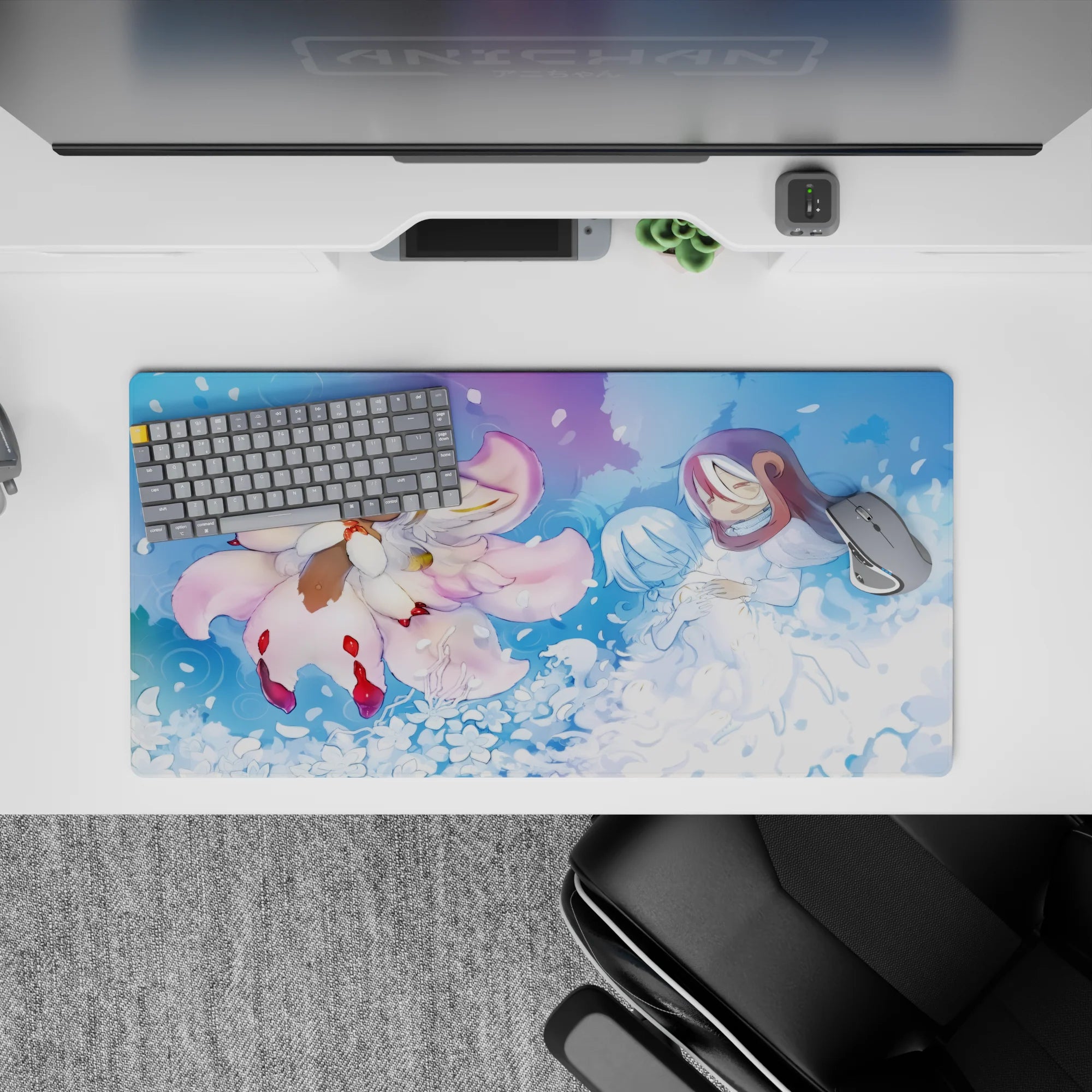 32x16 inches anime mouse pad in serene blues and blush pink, snowy petals and misty glow, vivid print.