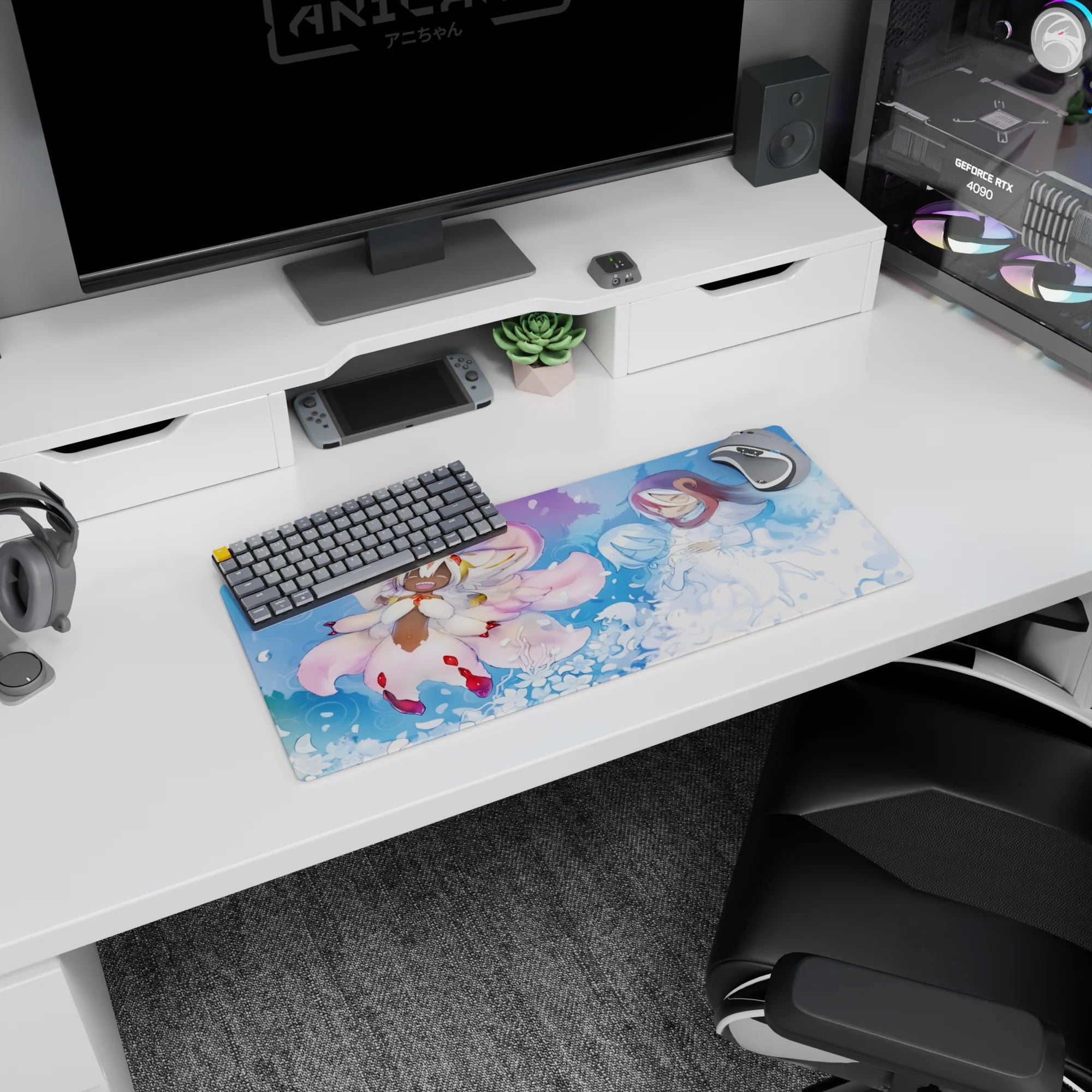 28x12 inches anime mouse pad showing hooded figure cradling pale blue-haired companion beside fluffy fox spirit.